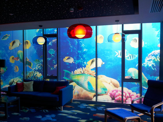 Decorative window film used to depict an underwater scene on the inside of a room.