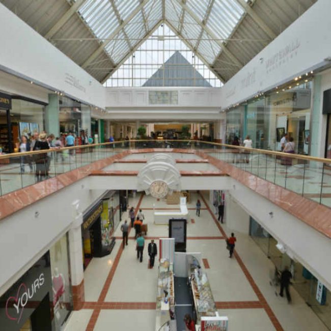 An interior shot of Merry Hill shopping centre, taken from the second floor