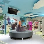 The interior of Shirley Library with decorative film on the walls