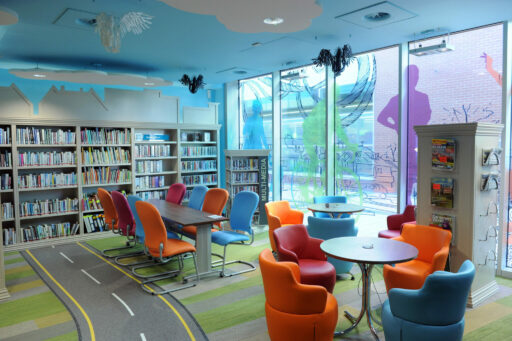 The interior of Shirley Library with decorative film on the walls